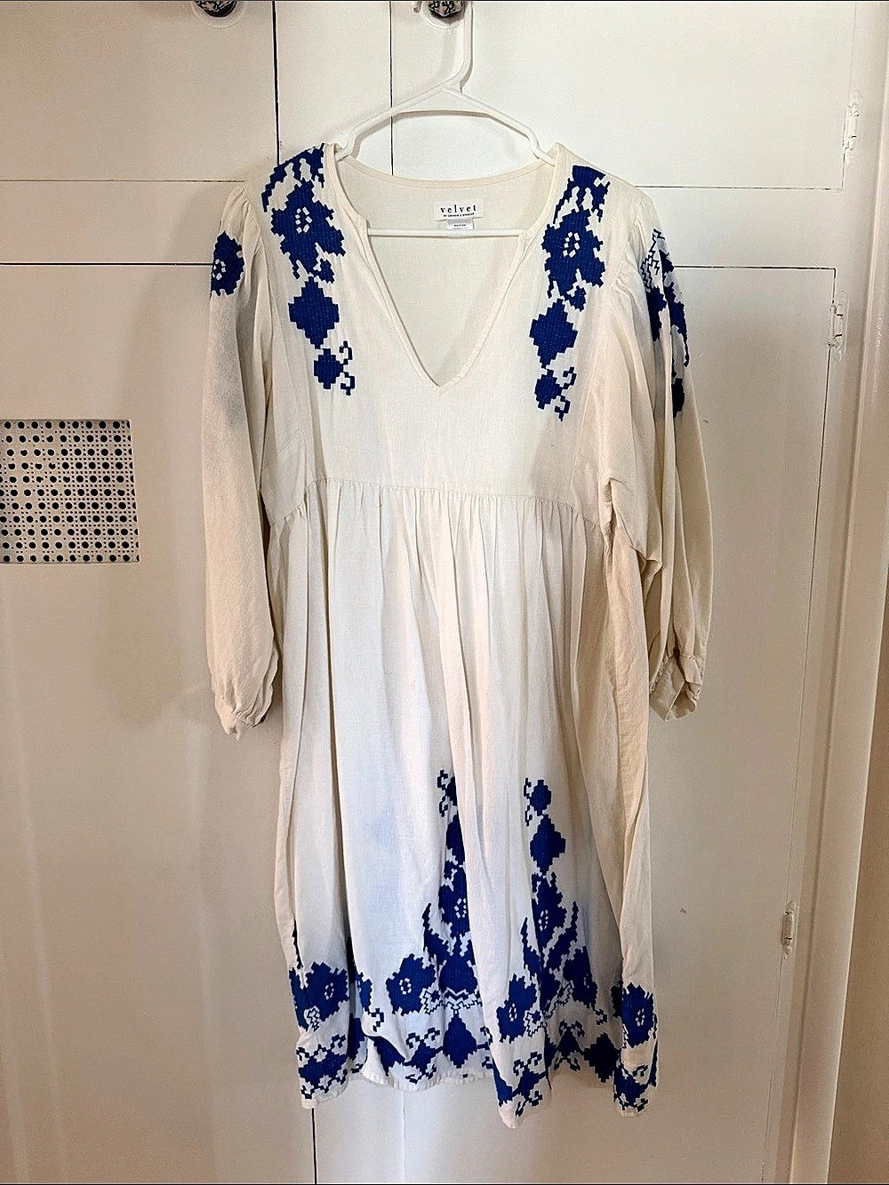 Velvet by Graham & Spencer Floral Embroidered Mini Dress in White & Blue